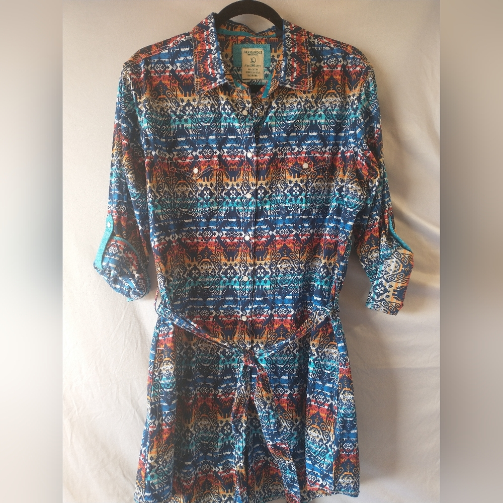 Western Southwest Panhandle Rough Stock Colorful Large Shirt Dress Pearl Snaps